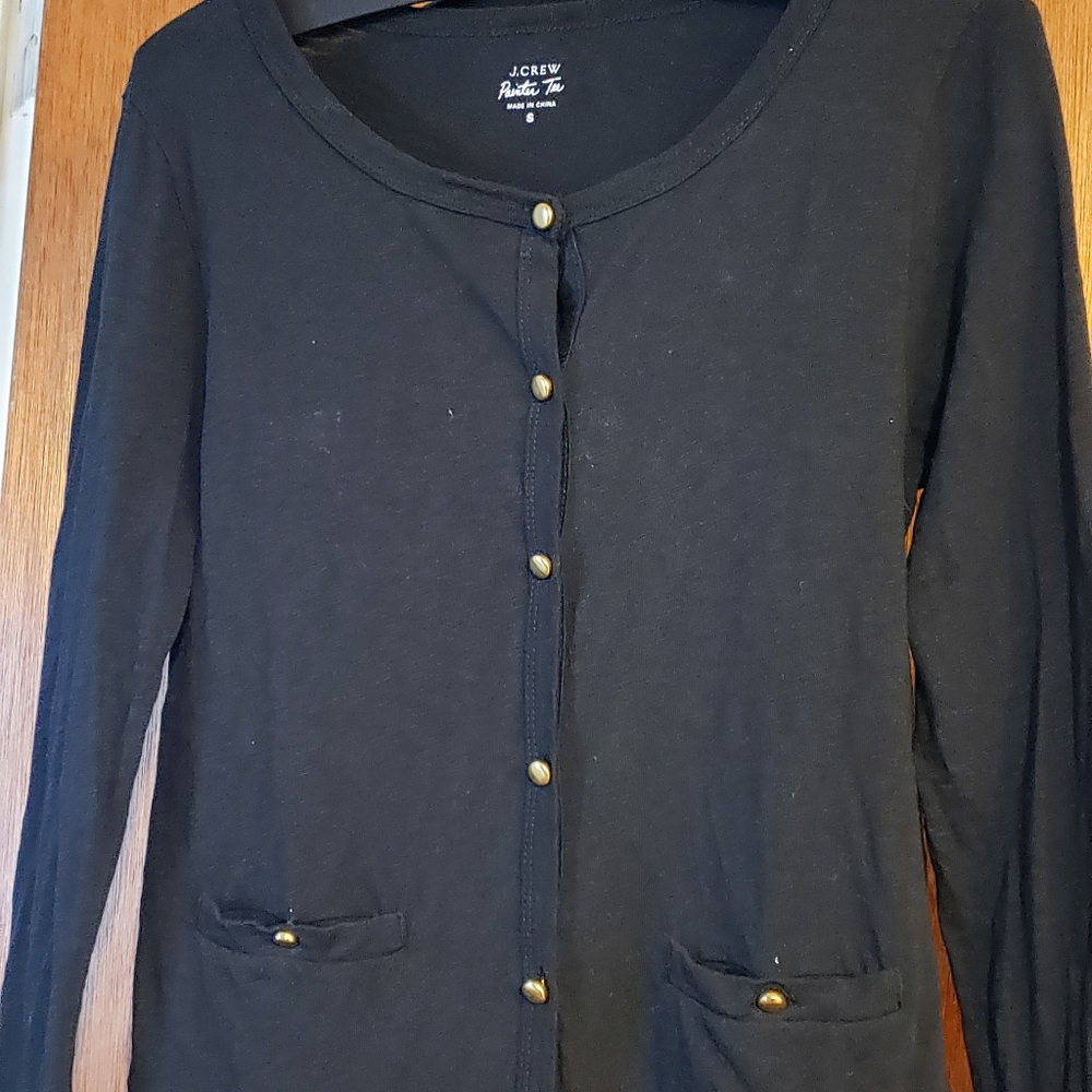 J Crew Painter Tee black, gold buttons, SM